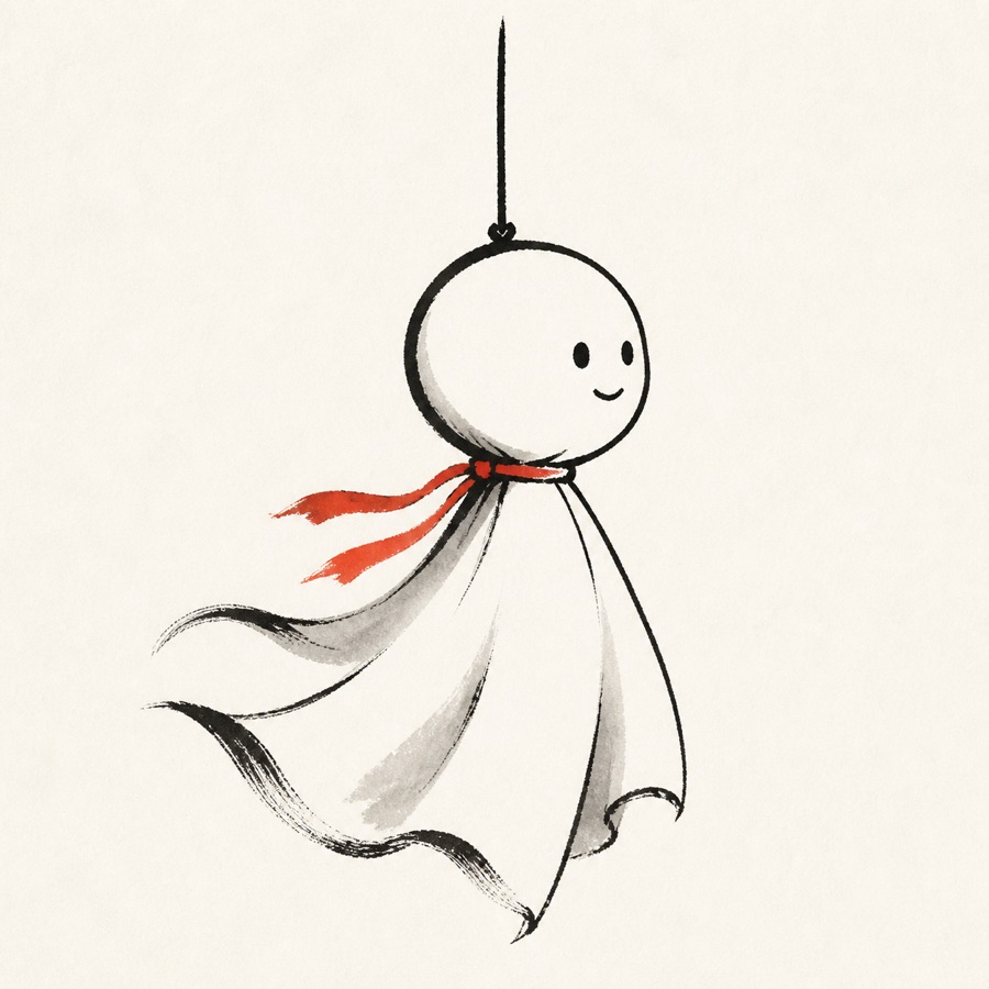 A teru teru bozu — the Japanese cloth charm hung to ask for sunny weather — drawn in ink, swaying on its thread